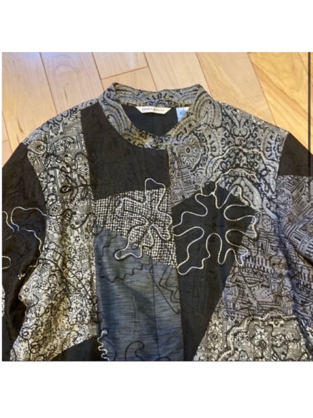 Laura Ashley vintage patchwork button up silk blend jacket black gray size large - Picture 2 of 9